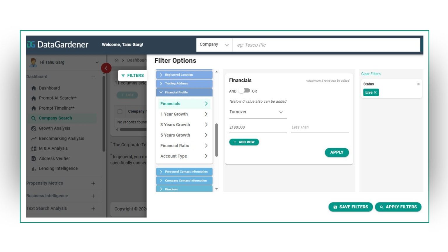 How to check company turnover with DataGardener