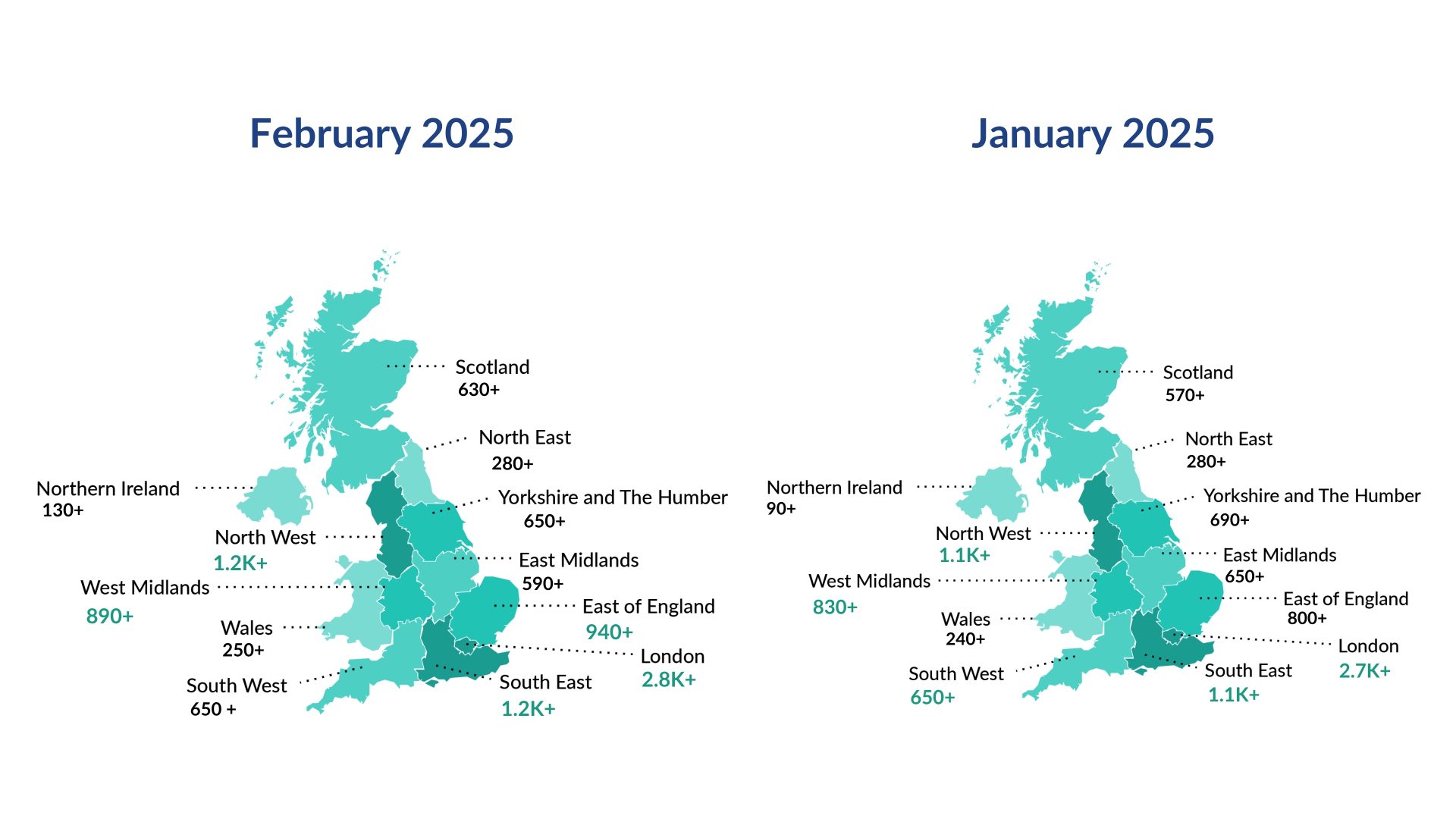 Regional Distribution of Charges Registered February 2025 Vs January 2025 Map data for February UK Business Insights Report