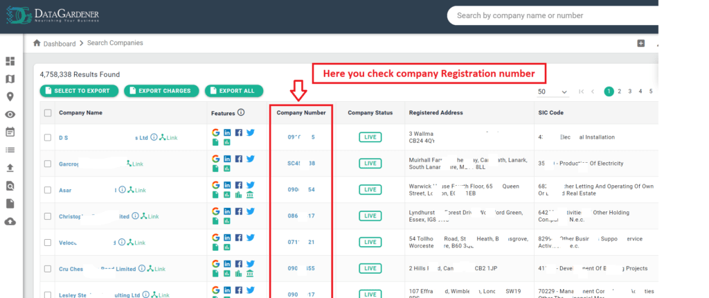 List of company registration numbers in search results