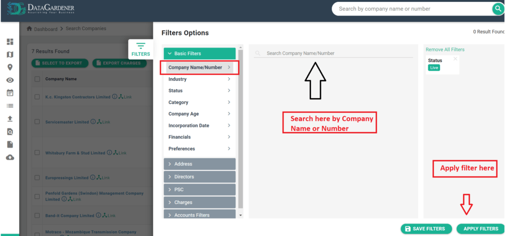 Searching for a company by name or number